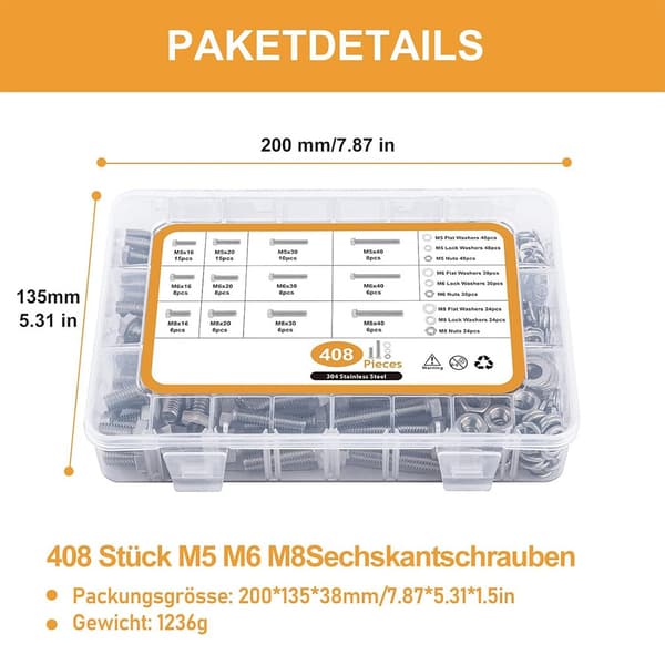 408 stk. rustfrit stål sekskantbolt og møtriksæt - M5 M6 M8 sortimentssæt