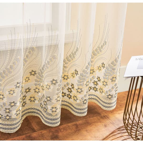 Grå Broderad Blommig Skir Gardin - Stångficka Voile Panel för Vardagsrum, Sovrum M M