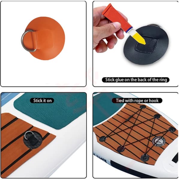 Kajak D-ring fastgørelser 4-pak — PVC-lap med rustfri stål D-ring til kajak, oppustelige både og paddleboards, sikre dækfester i orange