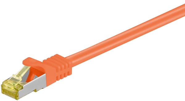 RJ45 patchkabel S/FTP (PiMF), 500 MHz, med CAT 7 råkabel, orange, 15 m