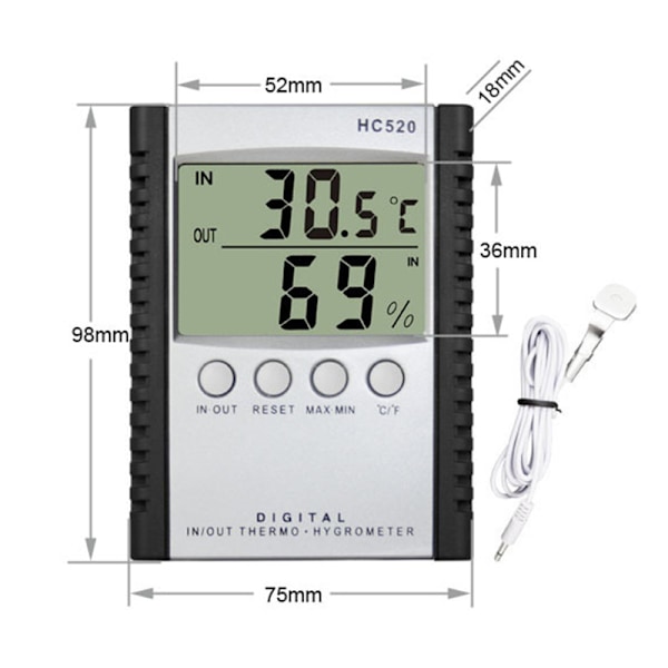 HC520 Deep Digital Hygrometer Termometer - Silver Silver