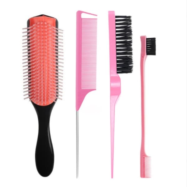 Hårstylingkam-sæt til sektionering, teasing og backcombing til hjemmebrug og rejser, 4-delt pink plastikkit, 21cm x 5cm kompakt