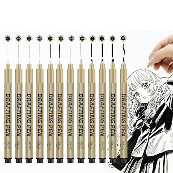 Precision Fineliner Pen Set Svarta Pennor för Ritning 6 delar