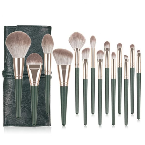 14-Piece Green Cloud Makeup Brush Set – Soft Synthetic Bristles, Full Face Kit with Plastic Handles