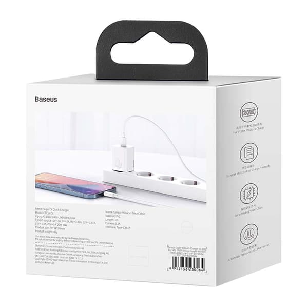 Baseus Super Si Snabbladdare 1C 20W med USB-C-kabel för Lightning 1m (vit)