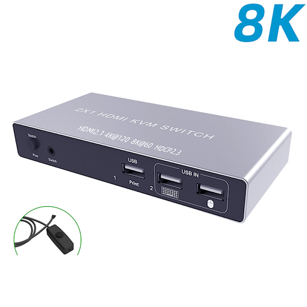 HDMI 2.1 KVM -kytkin 8K@60Hz 4K@120Hz, kaksisuuntainen kytkin, jossa USB-tulostuksen jakaminen ja pikanäppäin