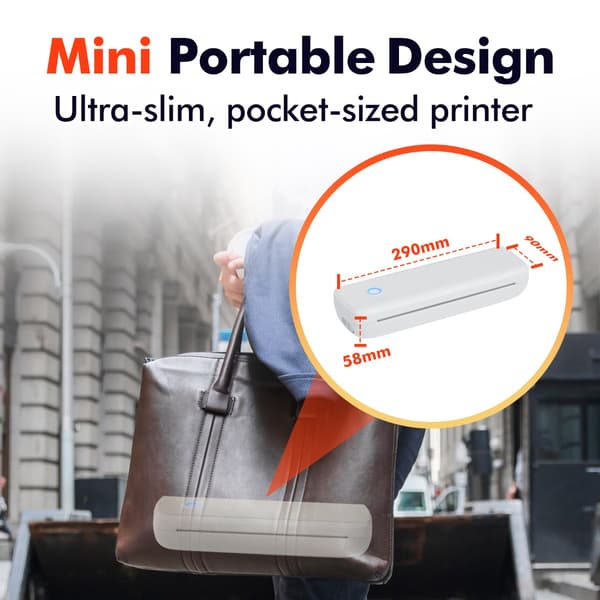 Bærbar termisk printer kompatibel med Android, Apple og Window – genopladelig Bluetooth- og USB-penfri printer med 3 ruller termisk papir White White