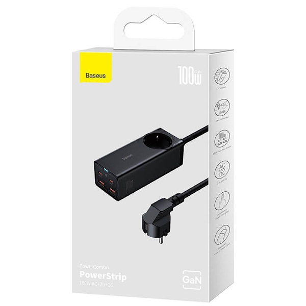 Baseus GaN3 Pro väggladdare / powerstrip 2xUSB + 2xUSB-C + AC, 100W (svart)
