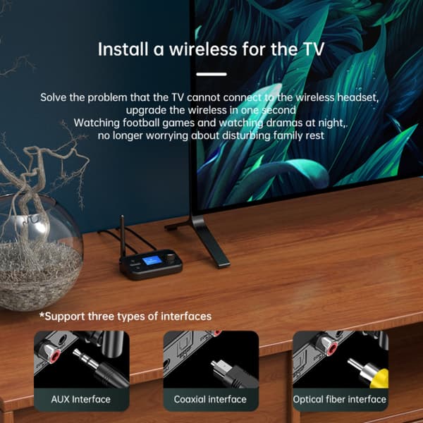 Bluetooth 5.0 sender til TV og pc - 3.5mm indgang til trådløs stereo, håndfri opkald, 10m rækkevidde, kompakt sort design