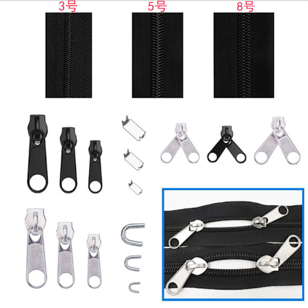 87 stk. Sort Nylon Lynlås Sæt #3, #5, #8 - Alsidigt Reparationssæt