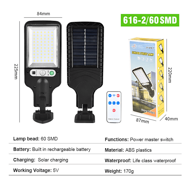 Aurinkoenergialla toimiva ulkoseinävalaisin kaukosäätimellä Lampun helmi: 60 SMD