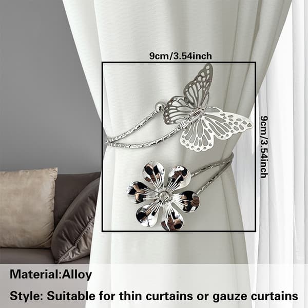 Sæt med 2 Metal Sommerfugl og Blomst Gardin Tiebacks - Elegant Vinduesindretning Silver Silver