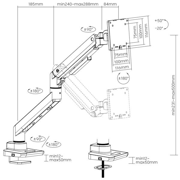 Monitorarm 17-49" gasfjäder max 20kg