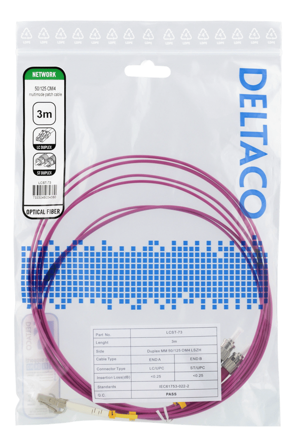 OM4 Fiber cable, LC-ST Duplex, 50/125, 3m, pink