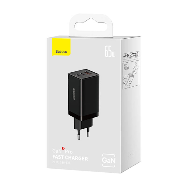 Väggladdare Baseus GaN5 Pro 2xUSB-C + USB, 65W (svart)