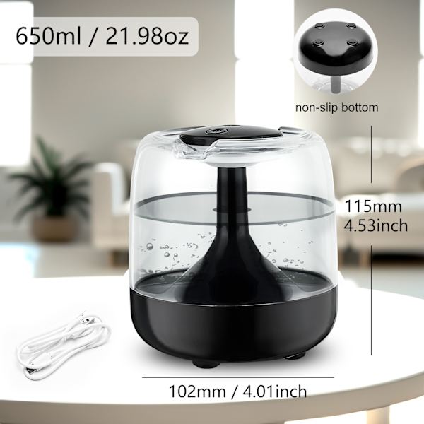 650ml Spray Aroma Diffuser: Stor Mist USB Luftfugter til Soveværelse Black Black