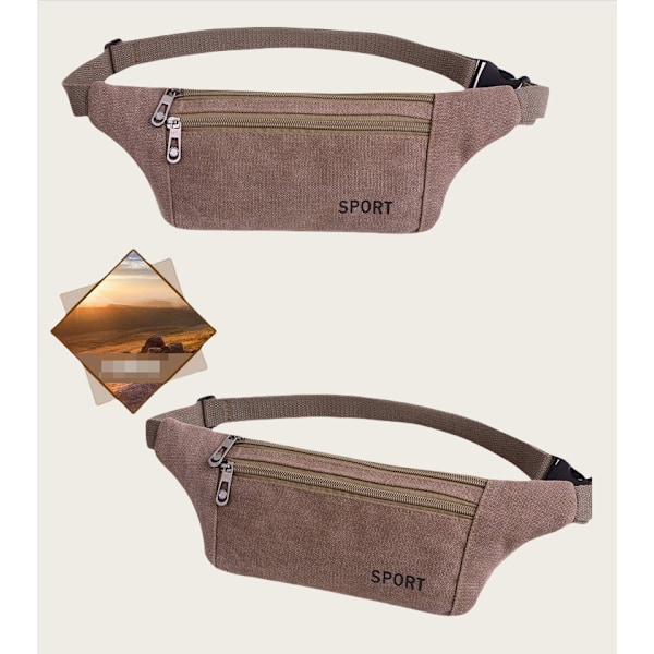 Midjeväska i canvas med ficka - Fannypack för utomhussporter kaffe