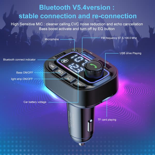 Bil Bluetooth MP3-afspiller med Bluetooth 5.3, FM-transmitter, dual USB og PD30W hurtigopladning, kompatibel med 12-24V bilstrøm
