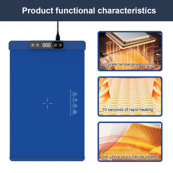 Elektrisk, foldbar madvarmeplade i grafen-silikone – 60–100 °C, 5 trin, timer og 300 w Blue Blue