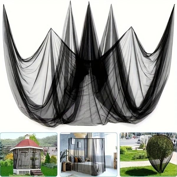 Polyester myggenet 2.4m x 10m - rammeløst foldbart beskyttelsesnet til have, pavillon og seng, sort, let og kompakt opbevaring