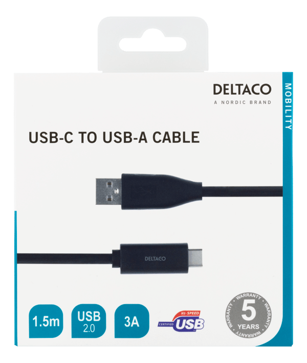USB-C - USB-A-kaapeli, 1,5m, 3A, USB 2.0, musta