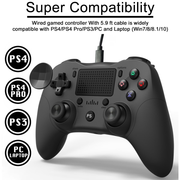 PS4 Controller 1,8 metrin kaapeli PS4 / PS4 Pro / PS3 / PC / Laptop Musta