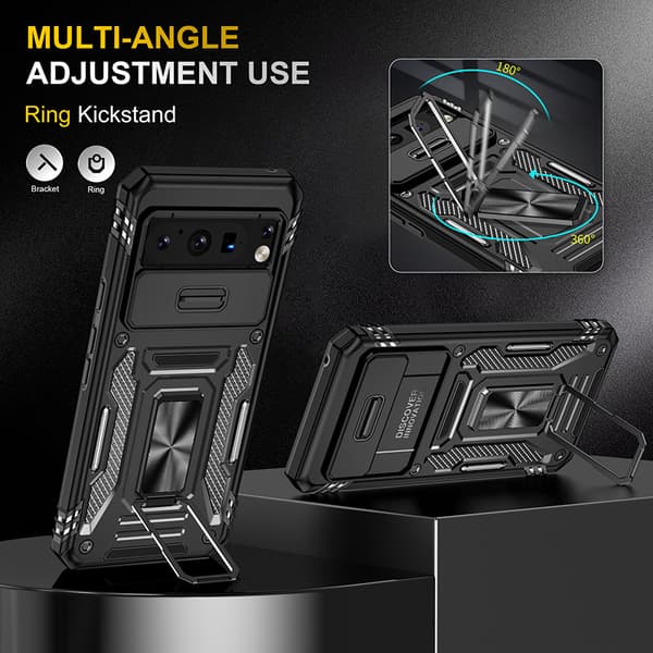 Google Pixel Black Case med ringstander og glidende linse Google Pixel 7