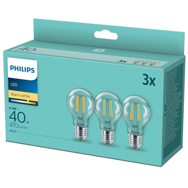 3-pack LED E27 Normal Klar 40W 470lm