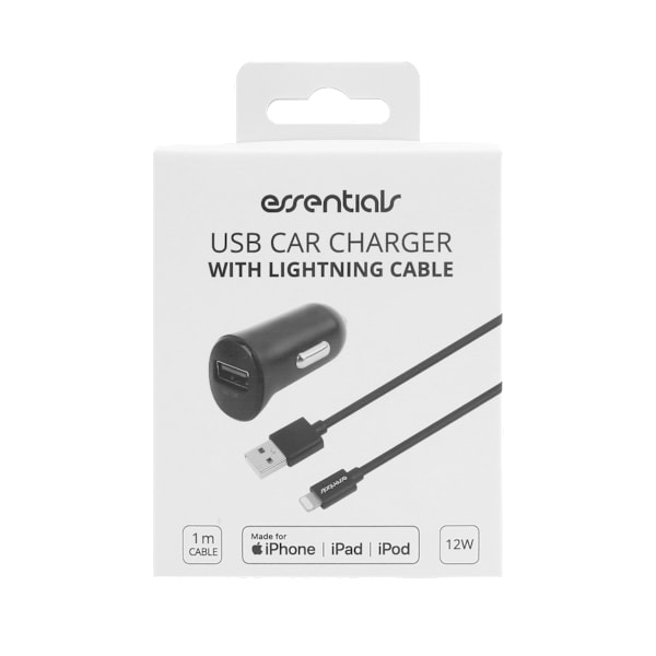 Car charger 12W, USB-A Light. Cable 1m, MFi, Black Sort
