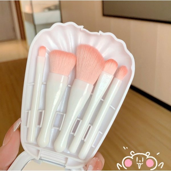 5-Piece Shell Makeup Brush Set — Soft Synthetic Nylon Brushes with Compact Shell Case Portable Beauty Tools