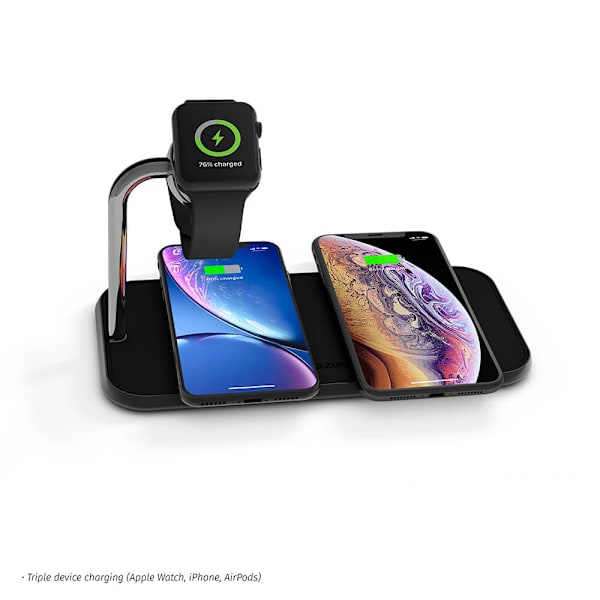 ZENS Triple Alu. Laddare QI Trådlös 220V-sladd 2x10W Svart Apple Watch Laddare (Apple QC 7,5W)