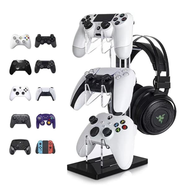 Gamingcontroller-stativ i akryl med to lag og headsetholder til skrivebord, kompatibelt med PS4 og PS5-controllere