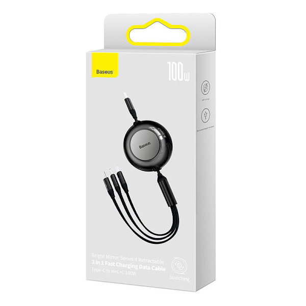 Baseus Bright Mirror 4, USB-C 3-i-1-kabel för micro USB / USB-C / Lightning 100W / 3,5A 1,1m (svart)