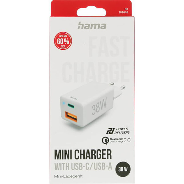 Miniladdare USB-C + USB-A Qualcomm 3.0 38W Vit