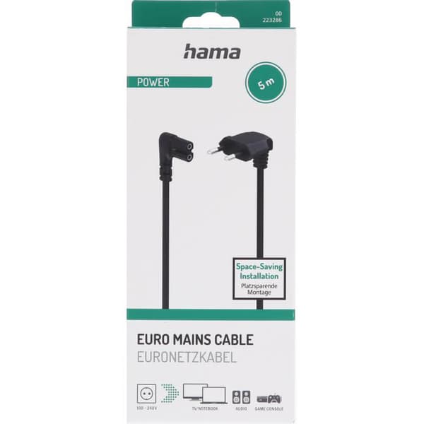 Strømkabel vinklet Euro Plug Sort 5.0m