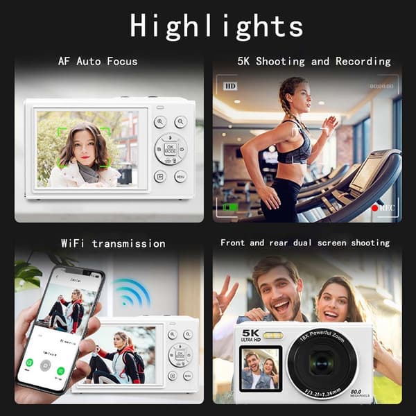 5K Studenter Kamera 80MP Dobbelt Skærm Selfie CCD Digitalkamera White White