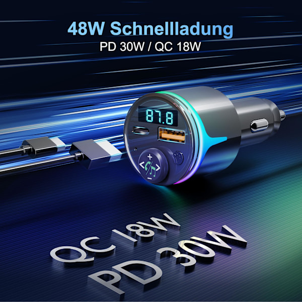 Bluetooth 5.3 biloplader med QC3.0 & PD hurtigopladning