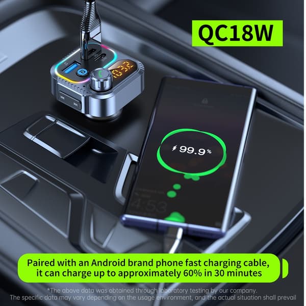 Bil Bluetooth MP3-sender med PD30W USB-C-oplader og dual USB 5V/2.4A, Bluetooth 5.3, MP3 WMA WAV-understøttelse, 12V-24V