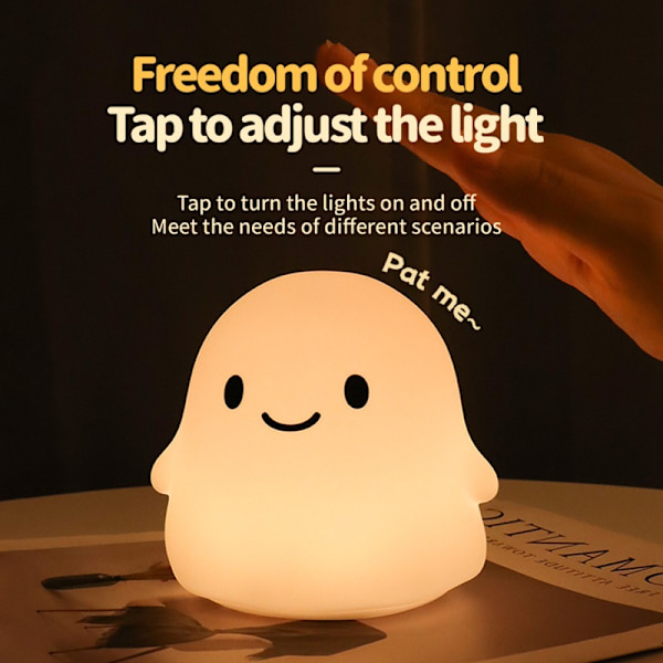 Spøgelse Multicolor Natlampe - Blød Silikone Touch, Genopladelig, Timerfunktion, Perfekt til Børn og Voksne