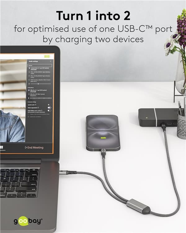 USB-C™-tekstiilikaapeli, 60 W, Power Delivery, 1,5 m, musta;harmaa