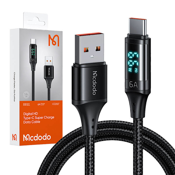 Kabel USB till USB-C Mcdodo CA-1080 med display, 66W, 6A, 1,2m (svart)