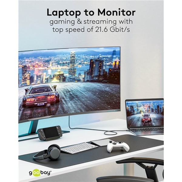 USB-C™-till-DisplayPort™-textilkabel 4K @ 60 Hz, 3 m, svart;silver