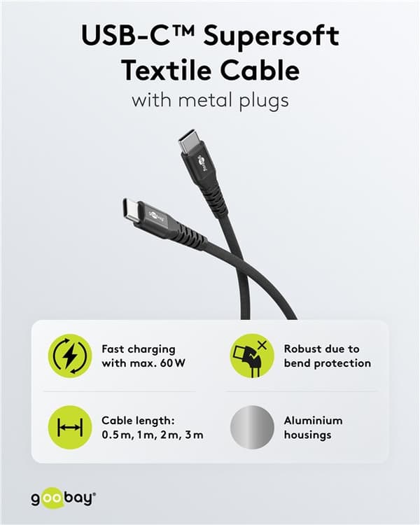 USB-C™ superblødt tekstilkabel med metalstik, 0,5 m, sort