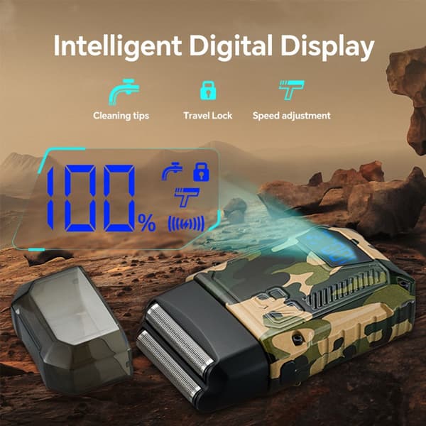Fuldt Vaskbar Elektrisk Barbermaskine med Digital Display - Camouflage Sort