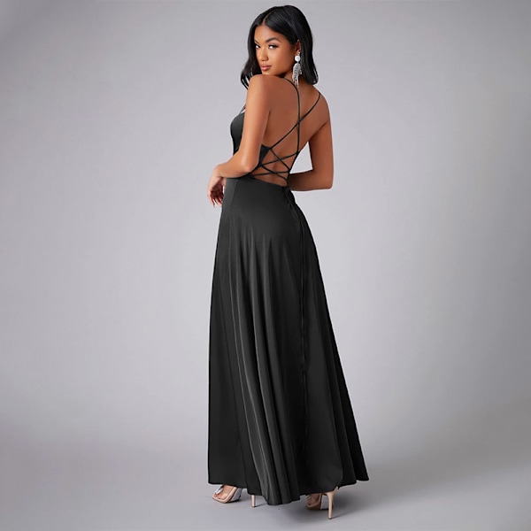 Elegant Sort Maxi-Kjole med Åben Ryg L
