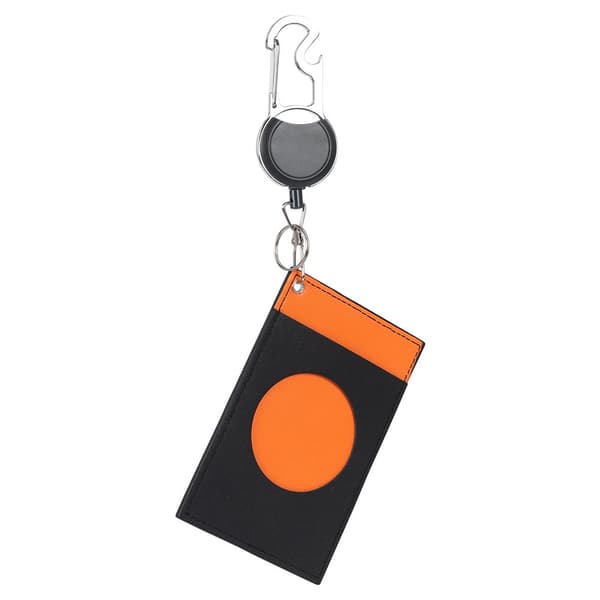 Infällbar märkeshållare med PU-läderfodral och karbinhake - Orange