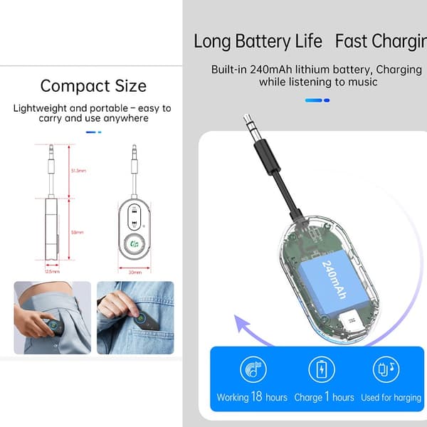 Bluetooth 5.3 langaton audio vastaanotin ja lähetin - BR10T adapteri pitkällä akunkestolla