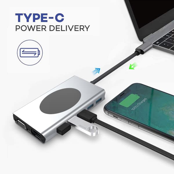 13-i-1 USB-C Hub med HDMI, VGA, Ethernet, SD-kortlæser og mere