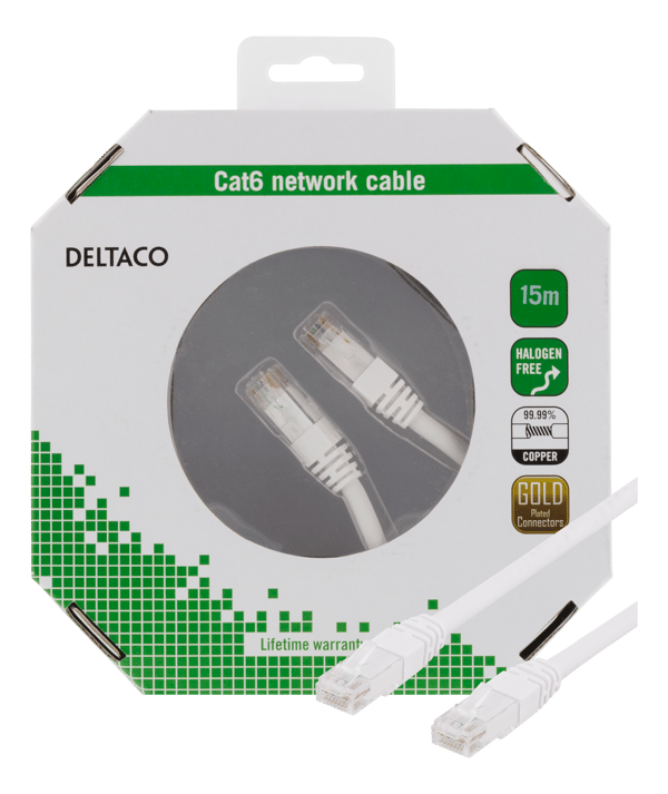 U/UTP Cat6 patchkabel, 15m, 250MHz, Delta, LSZH, hvid