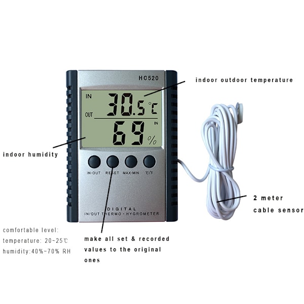 HC520 Deep Digital Hygrometer Termometer - Sølv Sølv